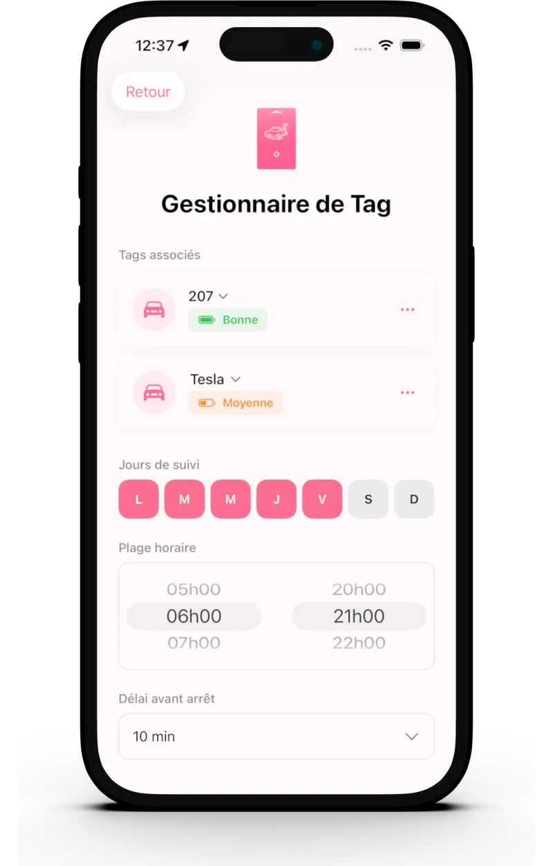 Écran de configuration du Tag dans l'application IndiK.