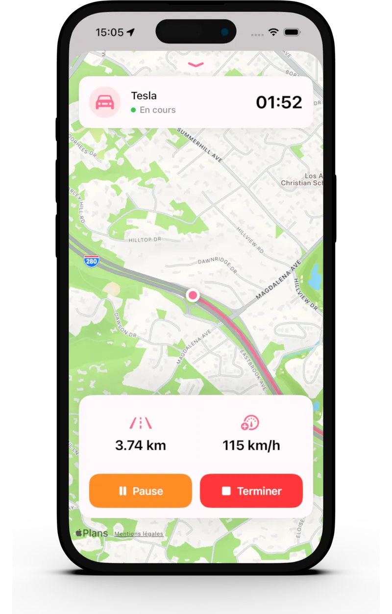 Trajet enregistré automatiquement, avec son tracé sur la carte.